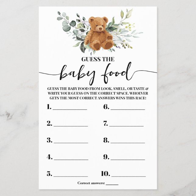 Bear Greenery Guess the Baby Food Shower Game Card Flyer (Front)