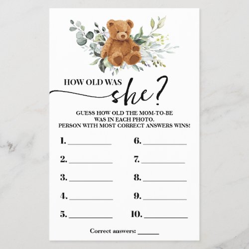 Bear Greenery How old Mom Baby Shower Game Card Flyer