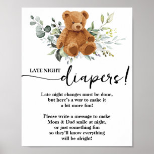Bear Greenery Late Night Diapers Baby Shower Game Poster