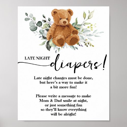 Bear Greenery Late Night Diapers Baby Shower Game  Poster