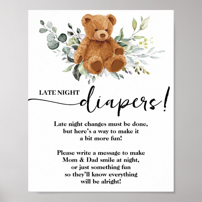 Bear Greenery Late Night Diapers Baby Shower Game  Poster (Front)