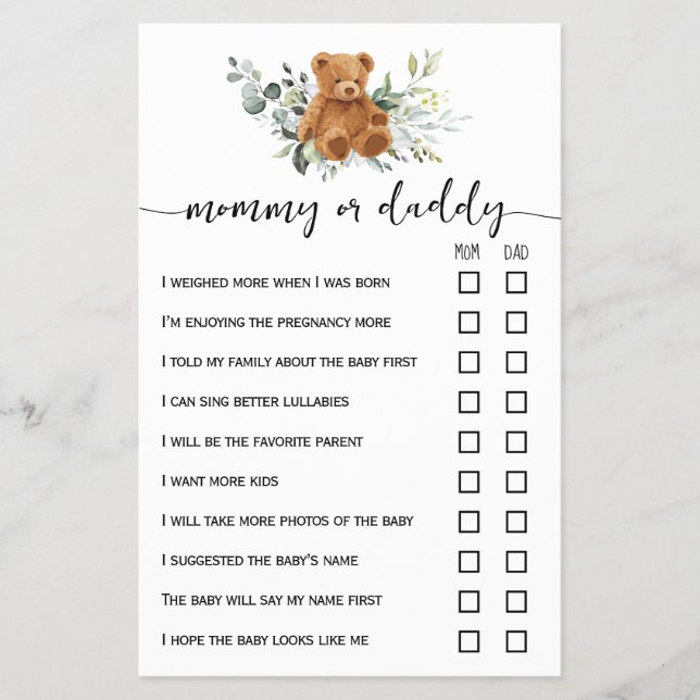 Bear Greenery Mom or Dad Baby Shower Game Card Flyer (Front)