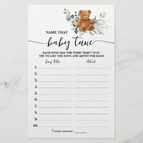 Bear Greenery Name Baby Tune Baby Shower Game Card Flyer