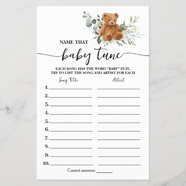 Bear Greenery Name Baby Tune Baby Shower Game Card Flyer (Front)