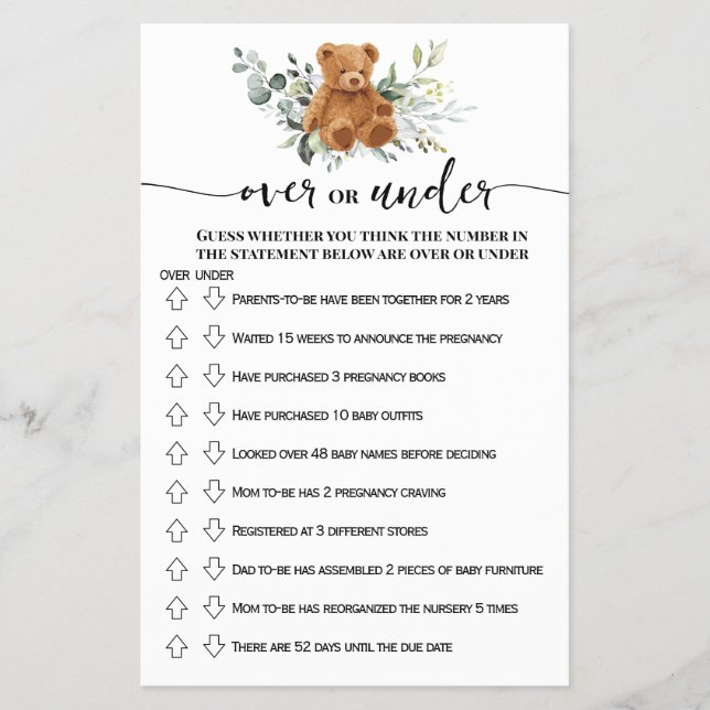 Bear Greenery Over or Under Baby Shower Game Card Flyer (Front)