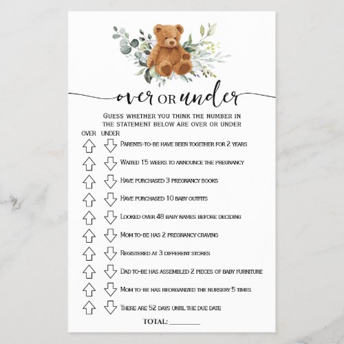 Bear Greenery Over or Under Baby Shower Game Card Flyer