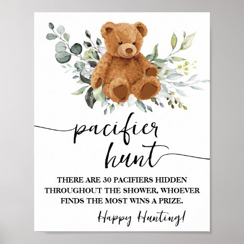 Bear Greenery Pacifier Hunt Baby Shower Game Sign