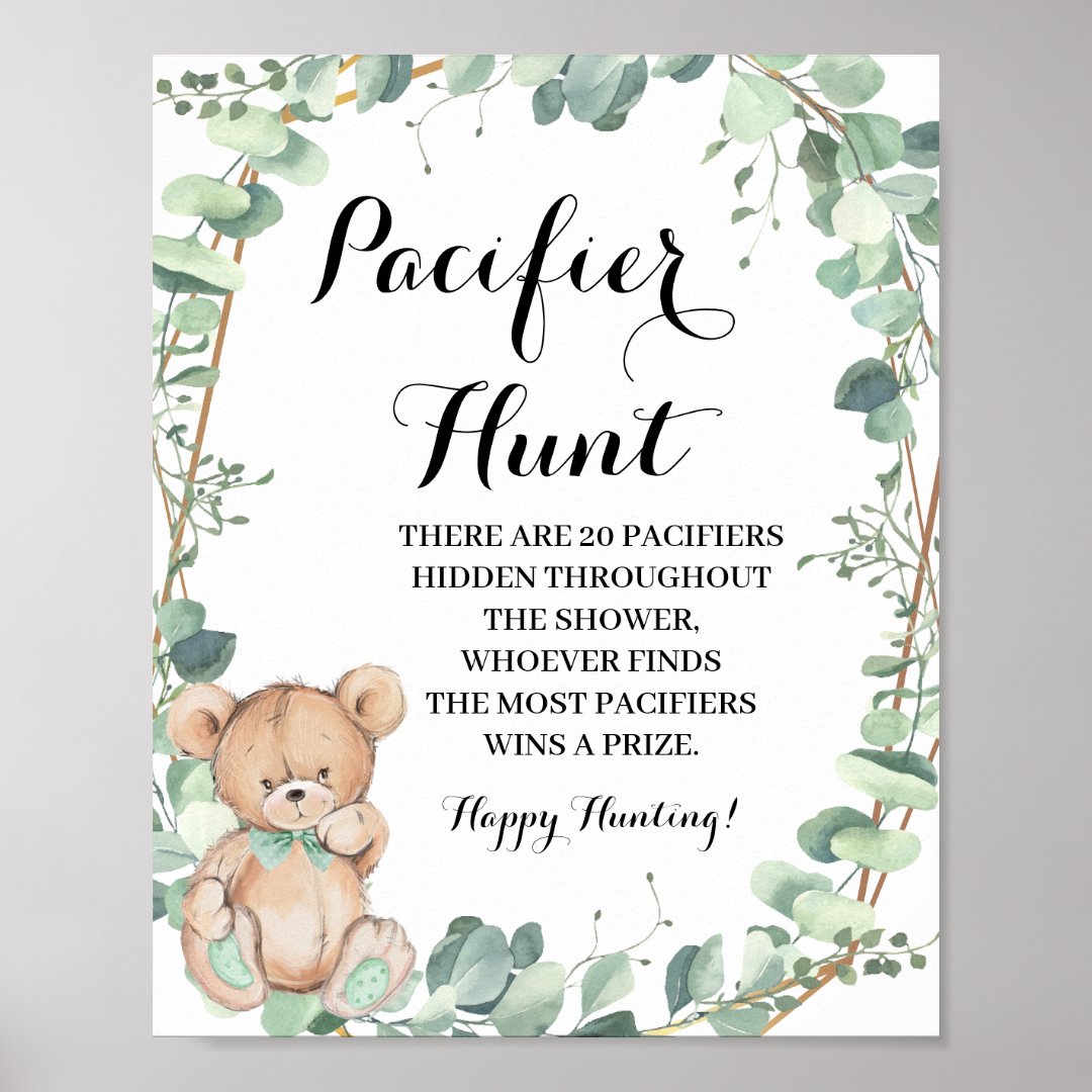 bear-greenery-pacifier-hunt-baby-shower-game-sign-zazzle