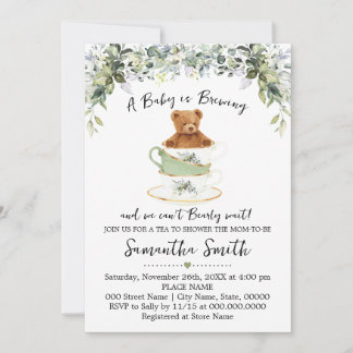 Bear Greenery Tea Baby Shower Invitation