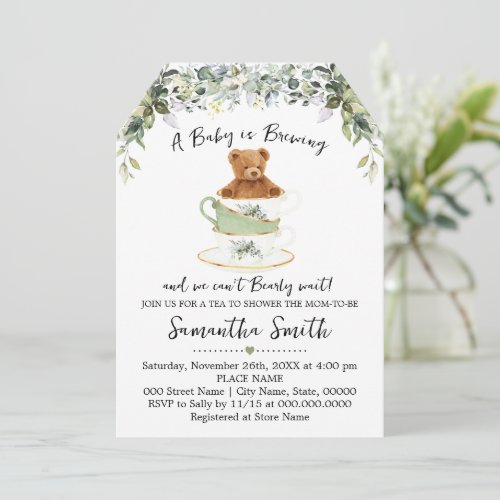 Bear Greenery Tea Baby Shower Invitation