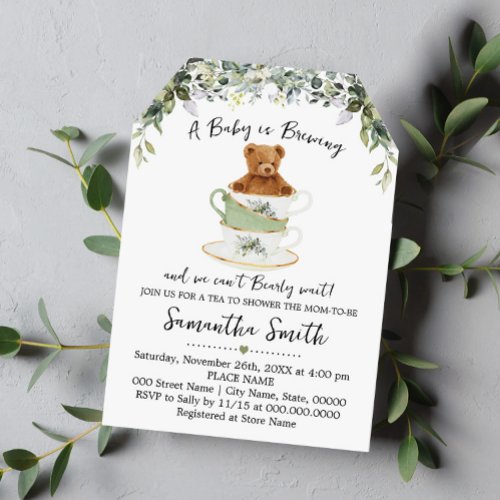 Bear Greenery Tea Baby Shower Invitation