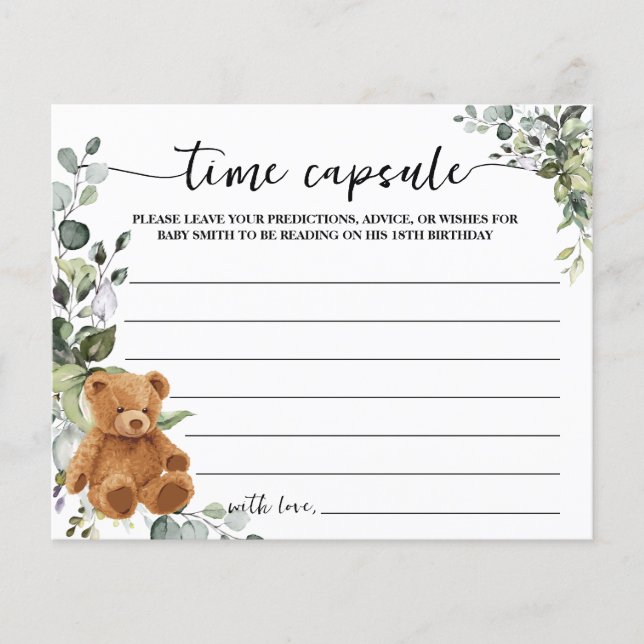 Bear Greenery Time Capsule Baby Shower Advice Card Flyer (Front)