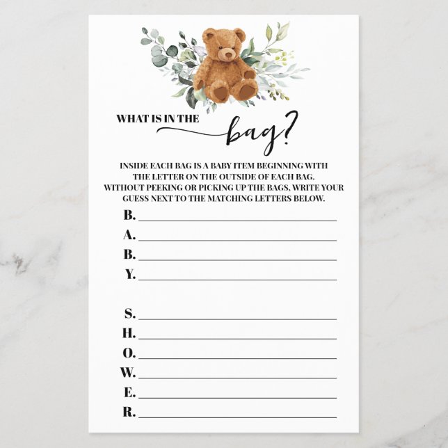 Bear Greenery What is in the Bag Baby Shower Game Flyer (Front)