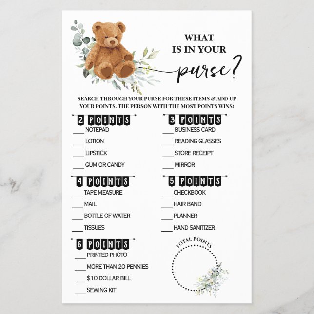 Bear Greenery What is in your Purse Shower Card Flyer (Front)