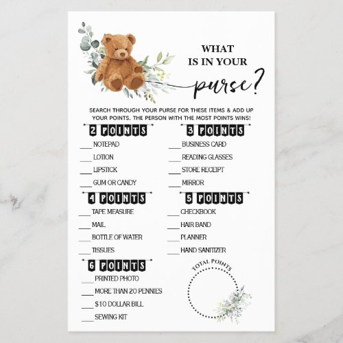 Bear Greenery What is in your Purse Shower Card Flyer