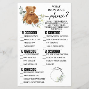Bear Greenery Whats on your Phone Shower Game Card Flyer