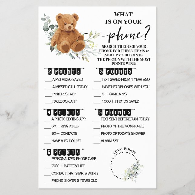 Bear Greenery Whats on your Phone Shower Game Card Flyer (Front)