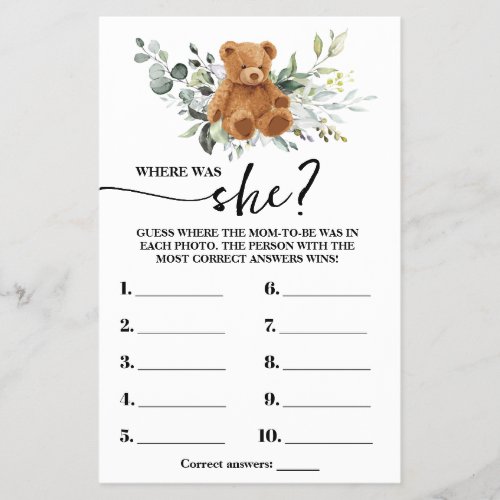 Bear Greenery Where was Mom to be Shower Game Card Flyer