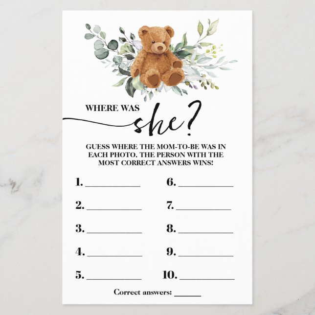 Bear Greenery Where was Mom to be Shower Game Card Flyer (Front)