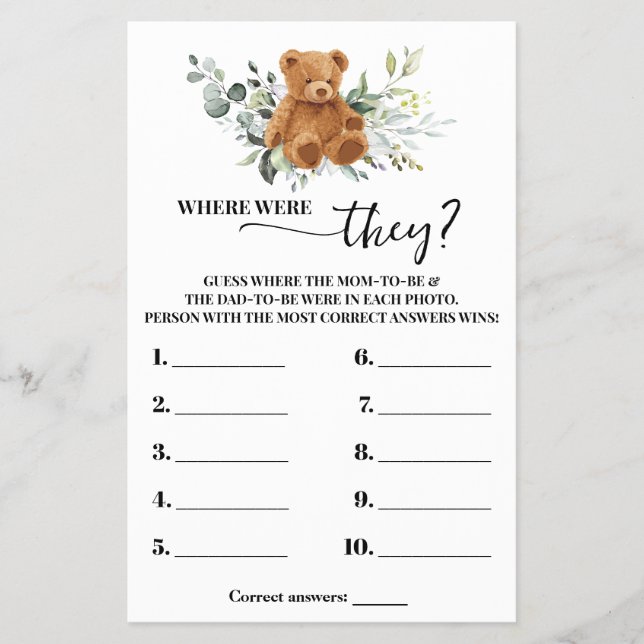 Bear Greenery Where were They Shower Game Card Flyer (Front)