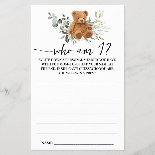 Bear Greenery Who am I Baby Shower Game Card Flyer (Front)