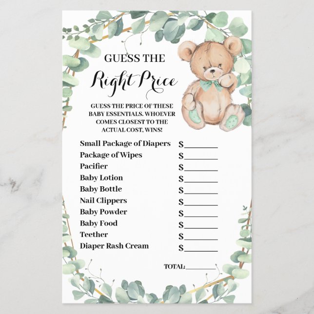 Bear Guess the Right Price Baby Shower Game Card F Flyer (Front)