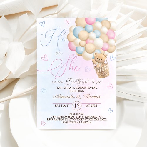 Bear He or She  Elegant Pink Blue Gender Reveal  Invitation