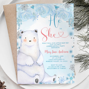 Bear He Or She Winter Snowflakes Gender Reveal Invitation by HappyPartyStudio at Zazzle