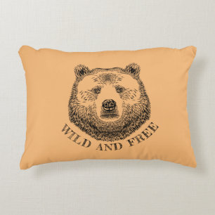 Bear Head, Wild And Free, Hand Drawn Illustration Accent Pillow