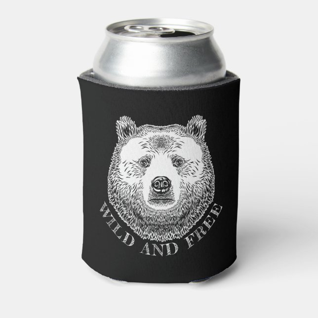 Bear Head, Wild And Free, Hand Drawn Illustration Can Cooler (Can Back)