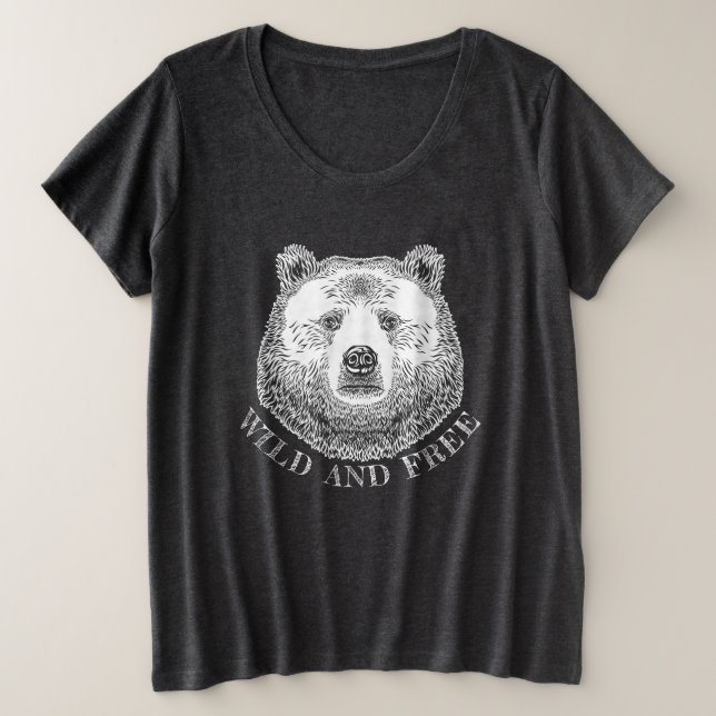 Bear Head, Wild And Free, Hand Drawn Illustration Plus Size T-Shirt (Design Front)