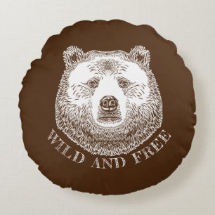 Bear Head, Wild And Free, Hand Drawn Illustration Round Pillow