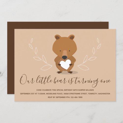 Bear Heart Animal First Birthday Invitation