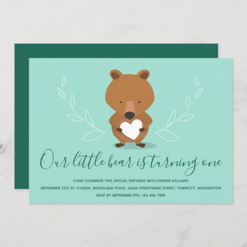 Bear Heart Animal First Birthday Invitation