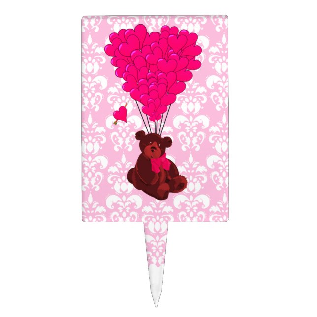 Bear & heart balloons on pink damask cake topper (Front)