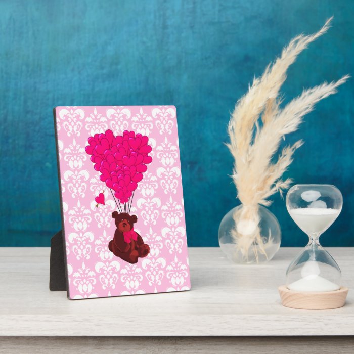 Bear & heart balloons on pink damask display plaque