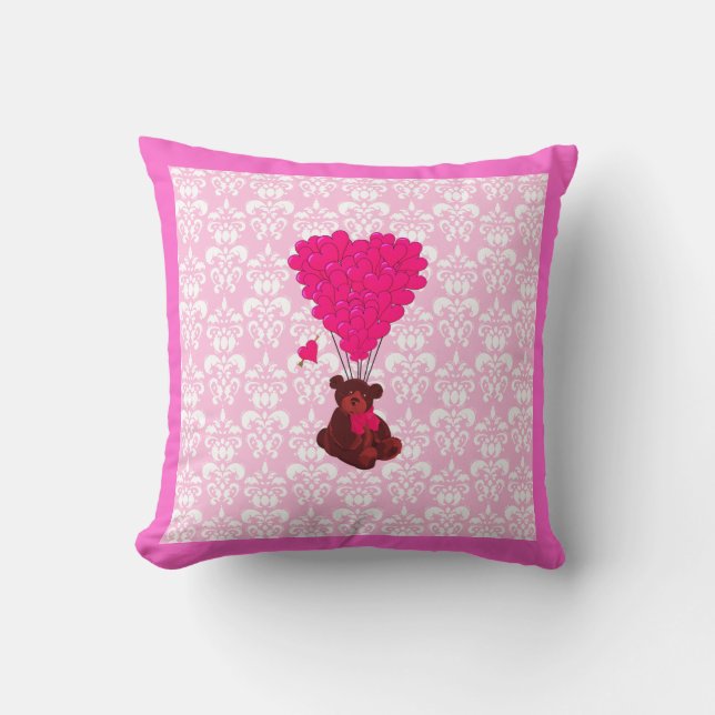 Bear & heart balloons on pink damask throw pillow (Front)