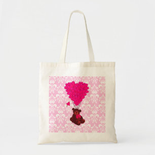Bear & heart balloons on pink damask tote bag