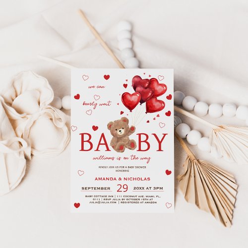 Bear Heart Balloons red Baby Shower Invitation