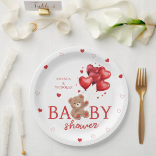 Bear Heart Balloons red Baby Shower Paper Plates