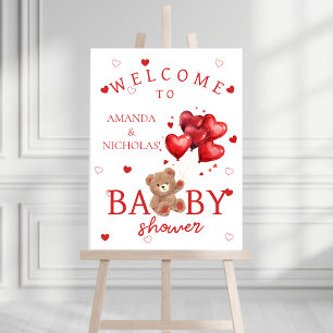 Bear Heart Balloons red Baby Shower welcome sign
