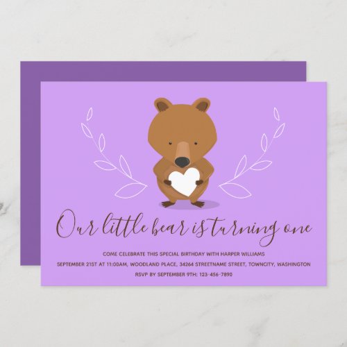 Bear Heart Purple Animal First Birthday Invitation