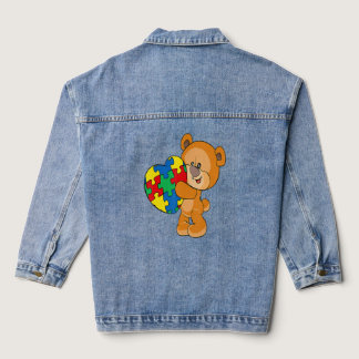Bear Heart Puzzle Piece Autism Awareness Boys Girl Denim Jacket