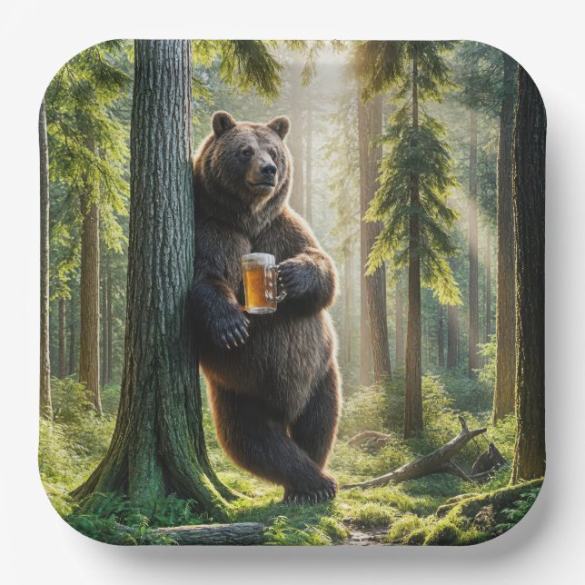 Bear Holding a Beer In Forest Paper Plates (Front)