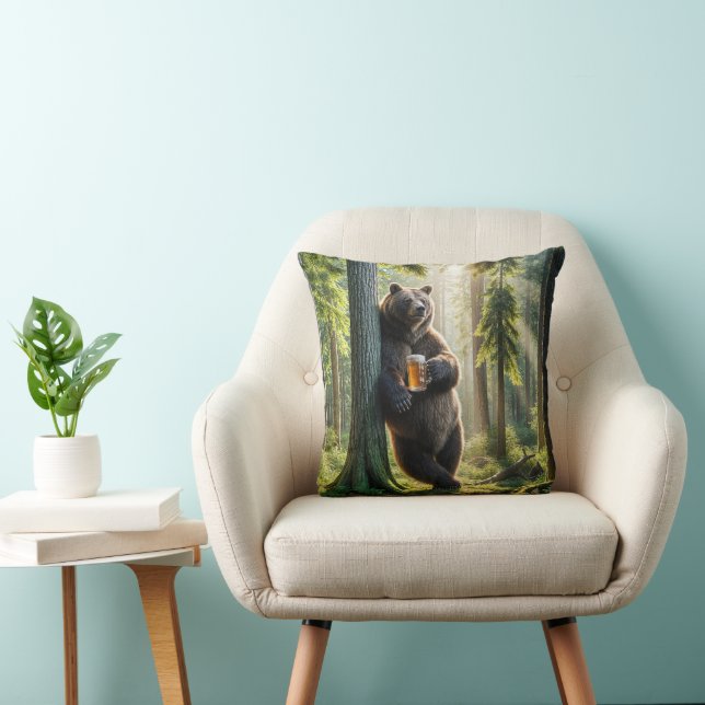 Bear Holding a Beer In Forest Throw Pillow (Chair)