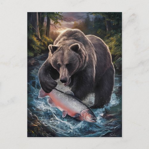 Bear holding a shimmering fish  postcard