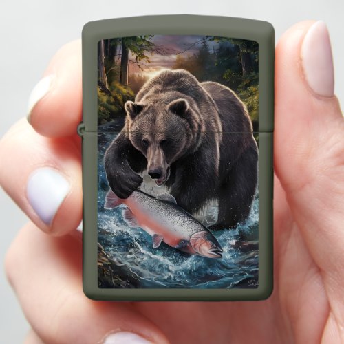 Bear holding a shimmering fish  zippo lighter