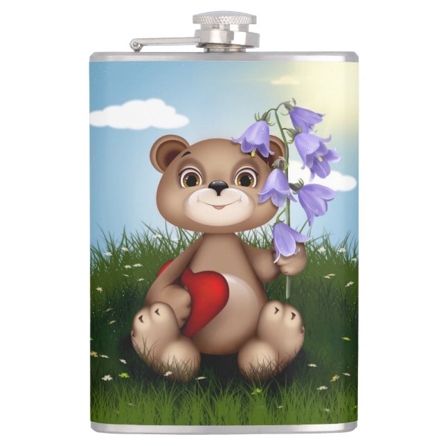 Bear Holding Bouquet Flower-30926 Flask (Front)