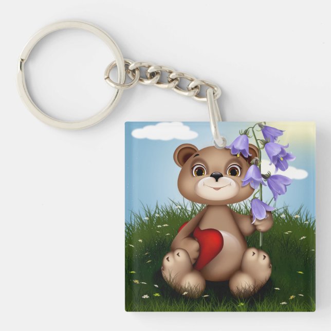 Bear Holding Bouquet Flower-30926 Keychain (Front)