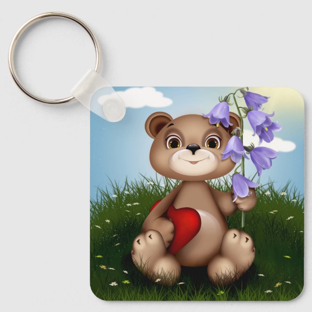 Bear Holding Bouquet Flower-30926 Keychain (Front)